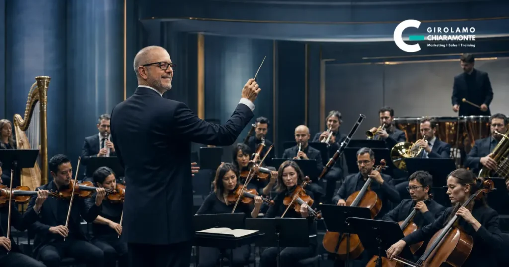 Maestro d’orchestra coordina i musicisti come metafora della nuova catena del valore assicurativa.