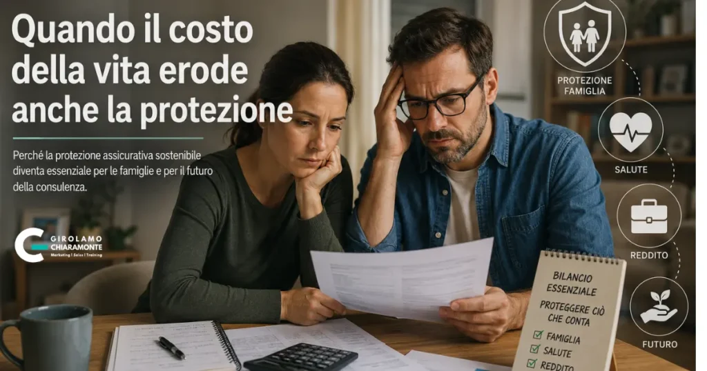 Famiglia che rivede il bilancio domestico e le coperture essenziali per mantenere una protezione assicurativa sostenibile.