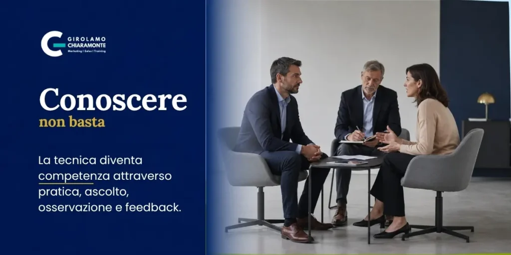 Professionista osserva e prende appunti durante una simulazione di colloquio tra consulente e cliente.
