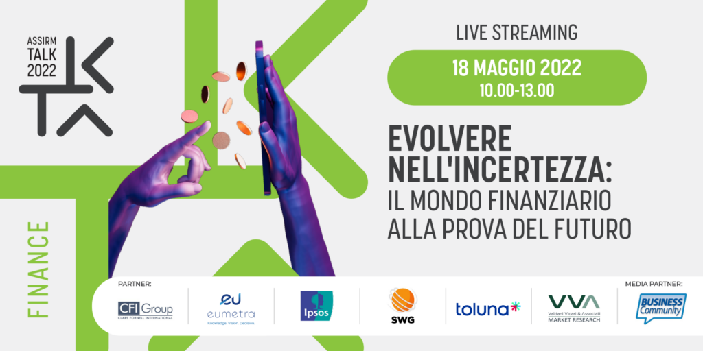 Banner ufficiale ASSIRM Talk Finance 2022, evento dedicato all’evoluzione del mondo finanziario e alle ricerche di mercato.