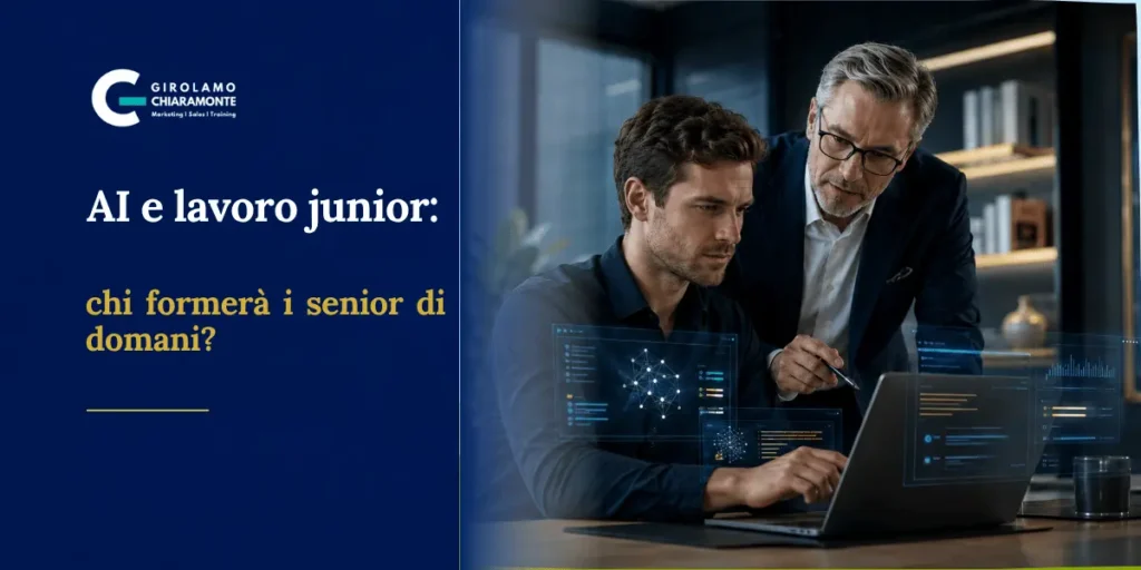Giovane professionista affiancato da un manager mentre lavora con strumenti di intelligenza artificiale, simbolo del nuovo apprendistato nell’era dell’AI.