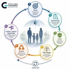Protection Lifecycle: ciclo della protezione assicurativa dal bisogno iniziale alla valutazione, copertura, cambiamento della vita e revisione dei bisogni.