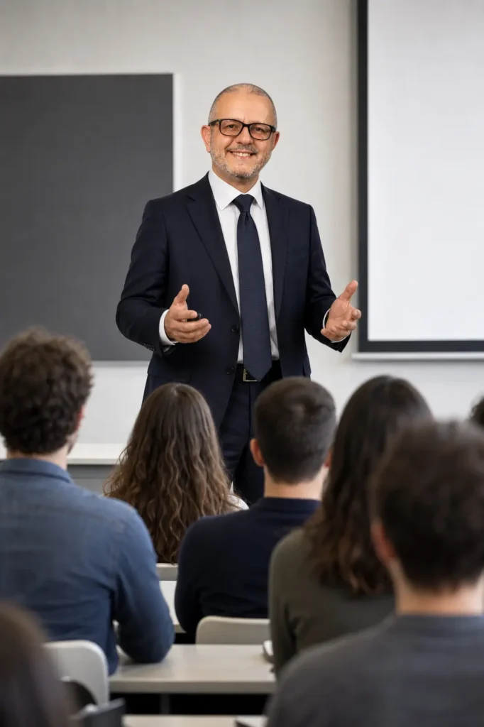 Girolamo Chiaramonte, in abito blu scuro e cravatta, conduce sorridendo una lezione in un’aula universitaria davanti a un gruppo di studenti seduti e ripresi di spalle.