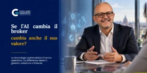 Professionista del settore assicurativo in un contesto consulenziale moderno, affiancato da strumenti digitali e interfacce di intelligenza artificiale, simbolo della trasformazione del ruolo del broker e del suo valore relazionale.