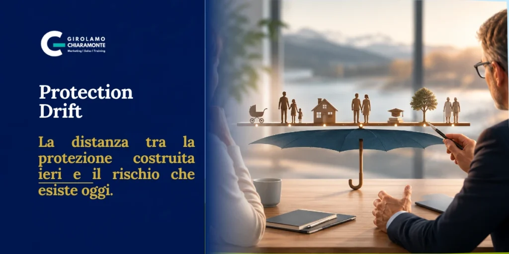Cliente e consulente osservano l’evoluzione degli eventi della vita rispetto a una copertura assicurativa rimasta invariata, rappresentazione del concetto di Protection Drift.