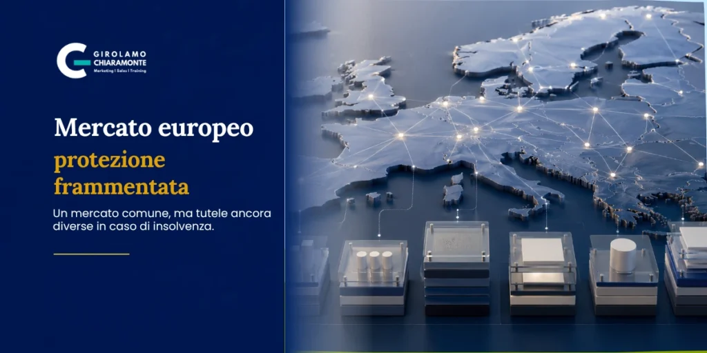 Mappa dell’Europa con rete di connessioni e moduli di protezione, simbolo di un mercato assicurativo comune con tutele frammentate in caso di insolvenza.