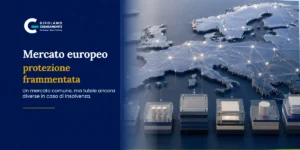 Mappa dell’Europa con rete di connessioni e moduli di protezione, simbolo di un mercato assicurativo comune con tutele frammentate in caso di insolvenza.