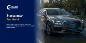 Automobile connessa con interfacce digitali, simbolo dell’impatto del software sul rischio e sul pricing assicurativo.