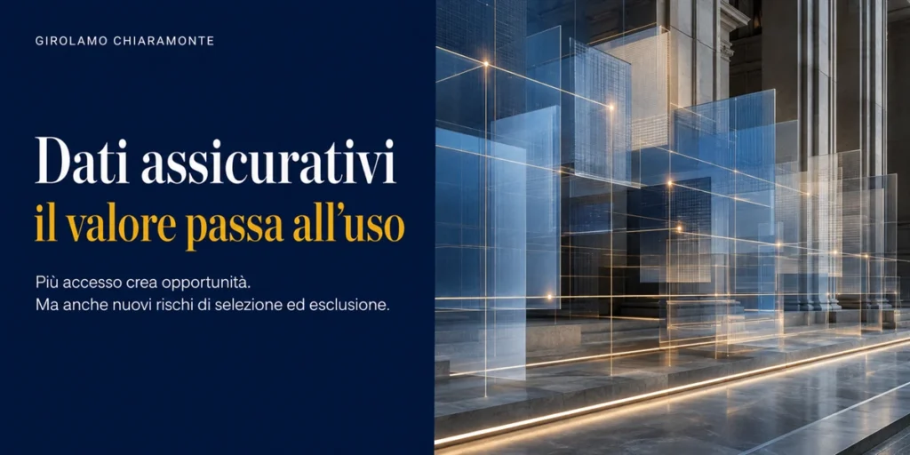 Piani architettonici traslucidi e interconnessi rappresentano dati assicurativi interoperabili, opportunità d’uso e rischi di esclusione.