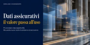 Piani architettonici traslucidi e interconnessi rappresentano dati assicurativi interoperabili, opportunità d’uso e rischi di esclusione.